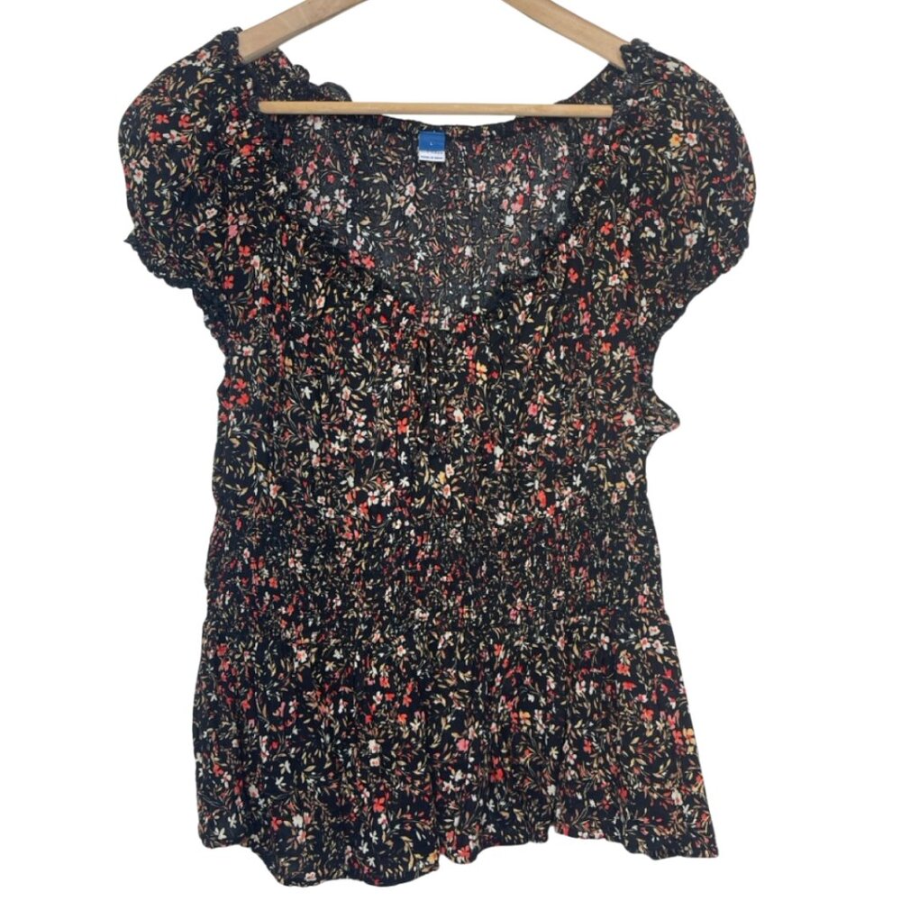 OLD NAVY | Women's Black Floral Puff Sleeve Peplum Blouse | Size L